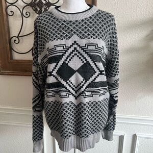 Vintage Jon 1 E Geometric Patterned Black and Gray Leather Sweater M
